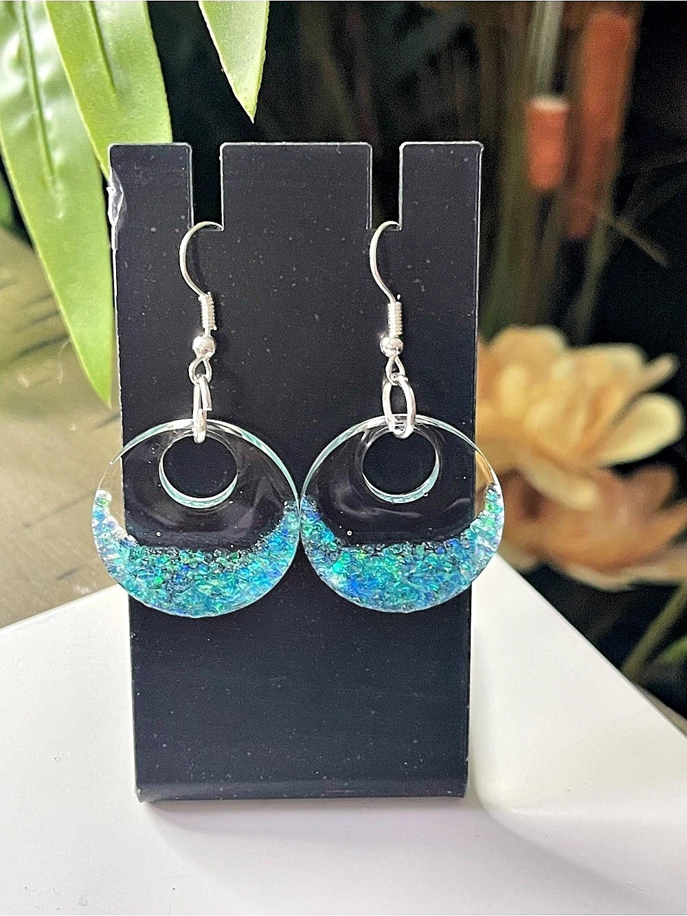 Glitter Hoop Earrings in Blue & clear
